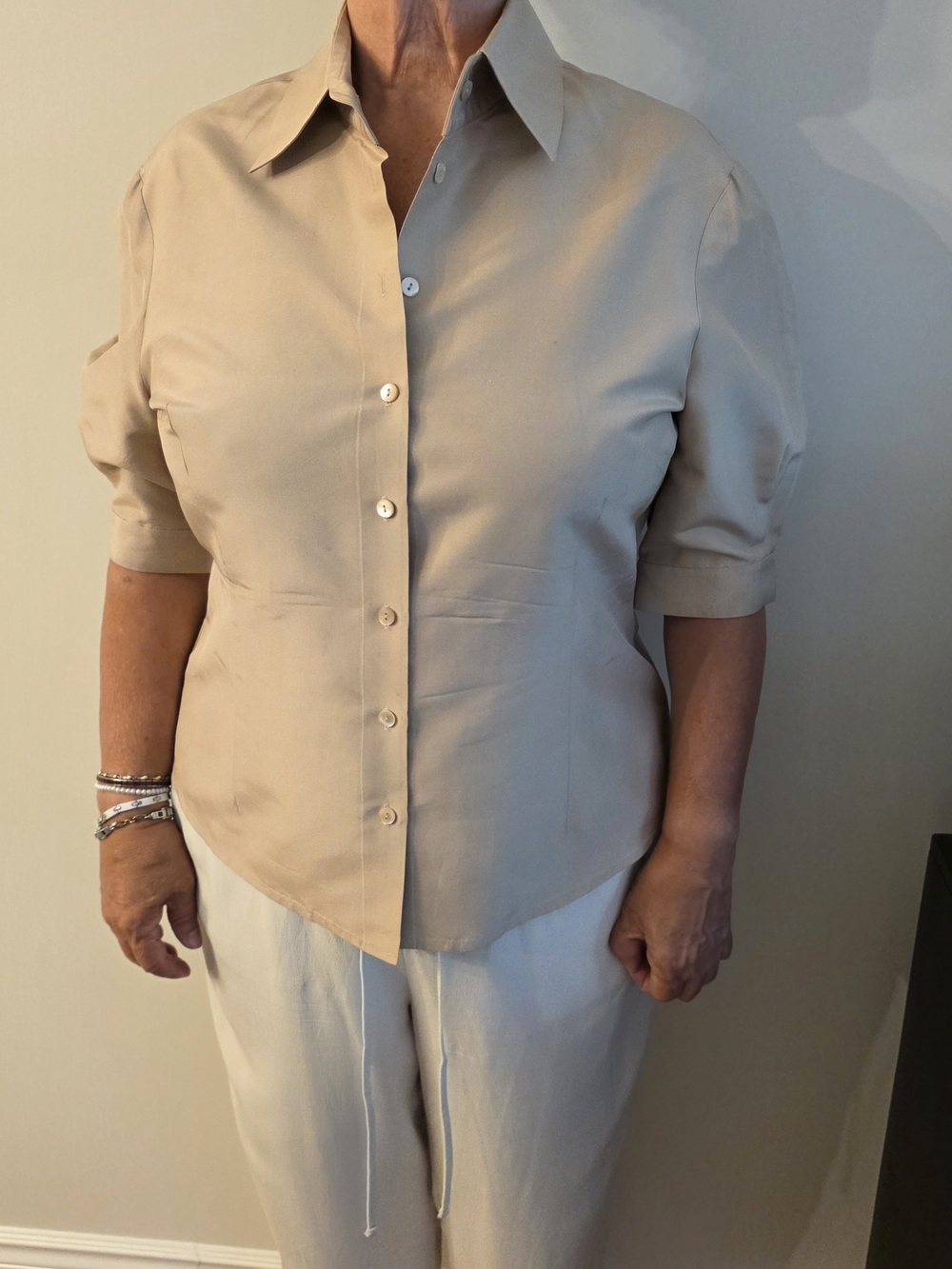 Anne Klein Silk Tan-Coloured Short-Sleeve Button-Front Shirt